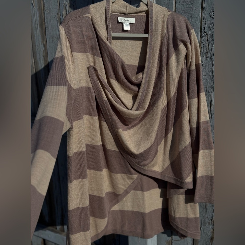 CJ Banks Wrap Sweater 2X Plus Women’s Knit Cardigan Draped Neutral Striped Cozy